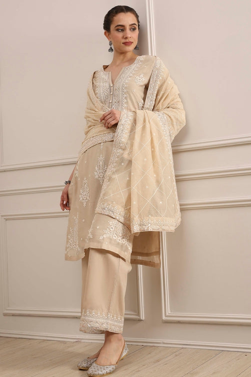 Natural White Chanderi Embroidered Straight Suit Set