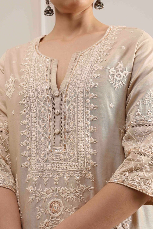 Natural White Chanderi Embroidered Straight Suit Set