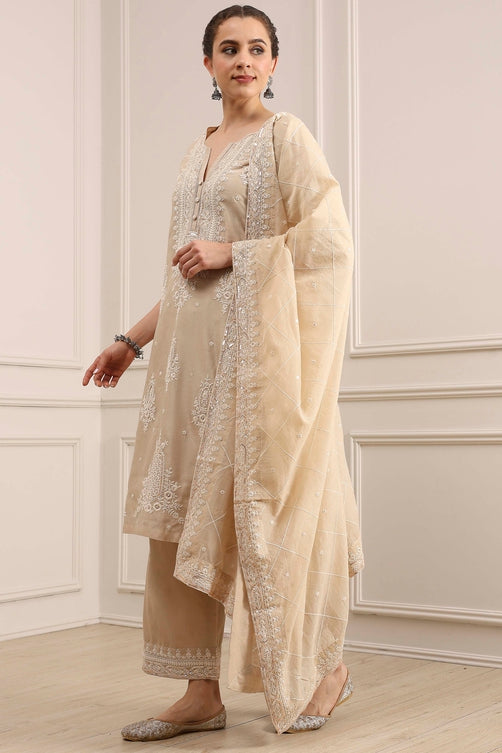 Natural White Chanderi Embroidered Straight Suit Set
