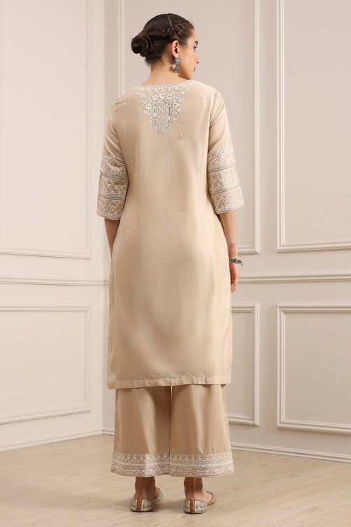 Natural White Chanderi Embroidered Straight Suit Set