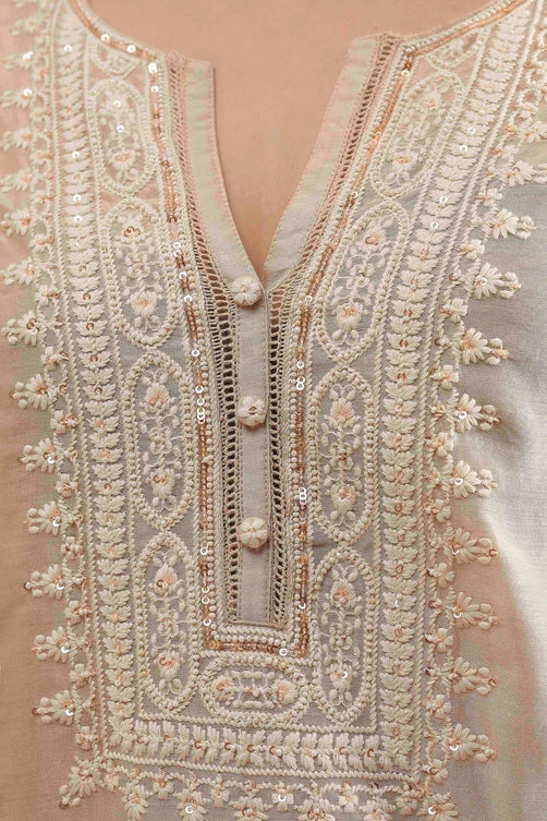 Natural White Chanderi Embroidered Straight Suit Set