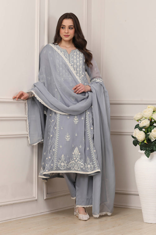 Blue Viscose Organza Floral Embroidered Kalidar Suit Set