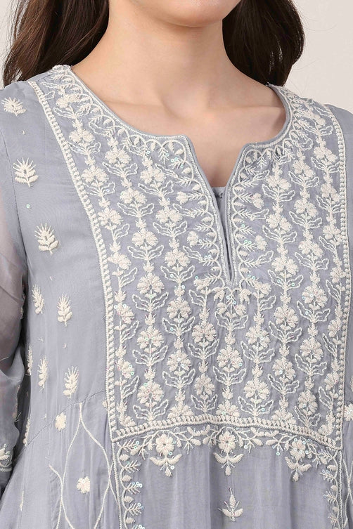 Blue Viscose Organza Floral Embroidered Kalidar Suit Set