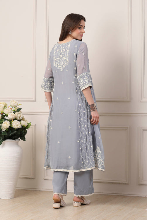 Blue Viscose Organza Floral Embroidered Kalidar Suit Set