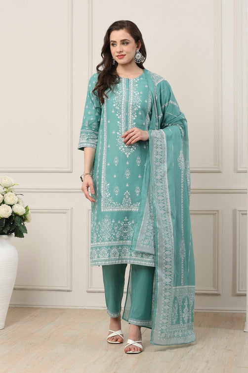 Turquoise Blue Cotton Floral Printed Straight Suit Set