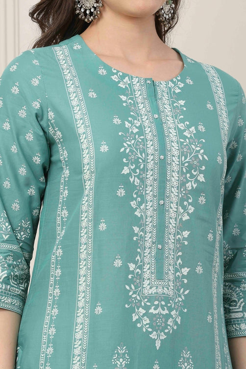 Turquoise Blue Cotton Floral Printed Straight Suit Set
