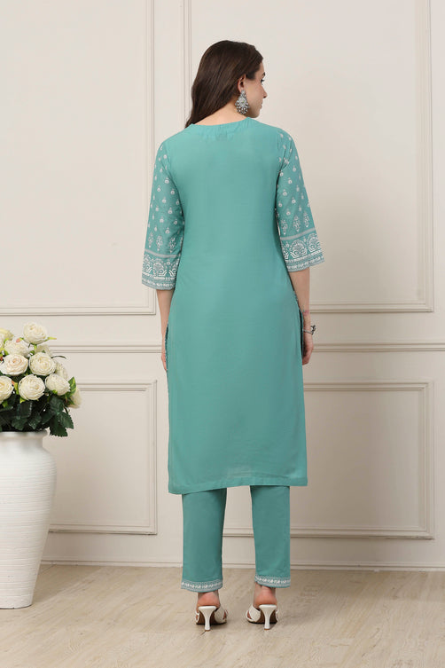 Turquoise Blue Cotton Floral Printed Straight Suit Set