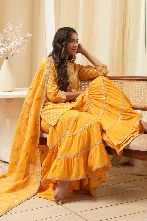 Ochre Yellow Embroidered Straight Suit Set