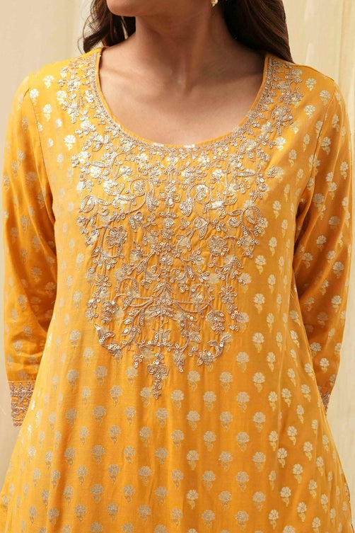 Ochre Yellow Embroidered Straight Suit Set