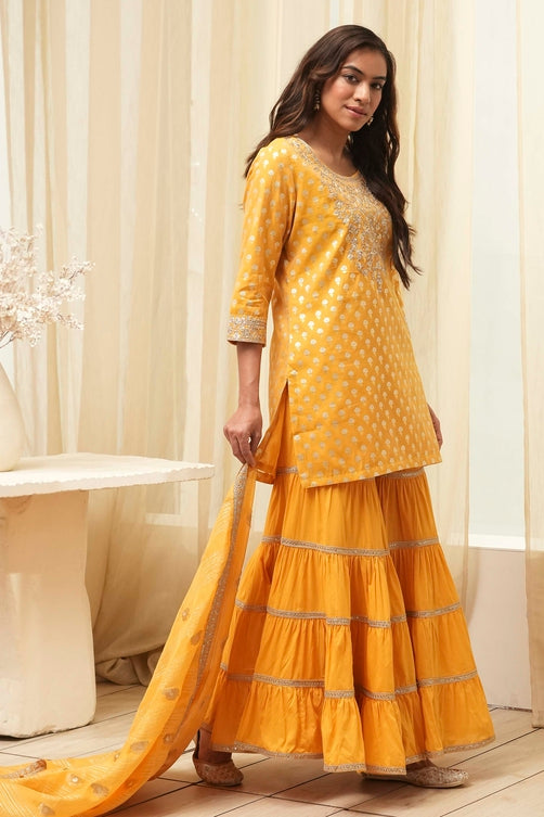 Ochre Yellow Embroidered Straight Suit Set