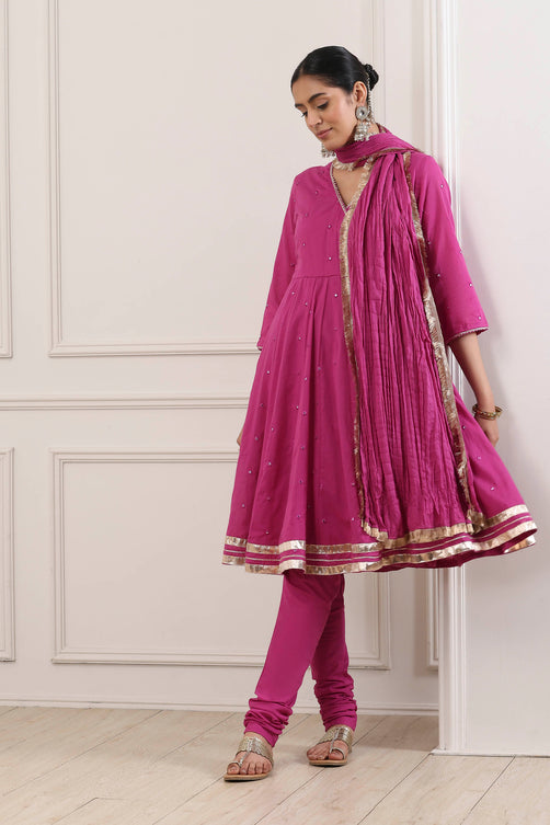 Wine Cotton Mirror Work Kalidar Suit Set