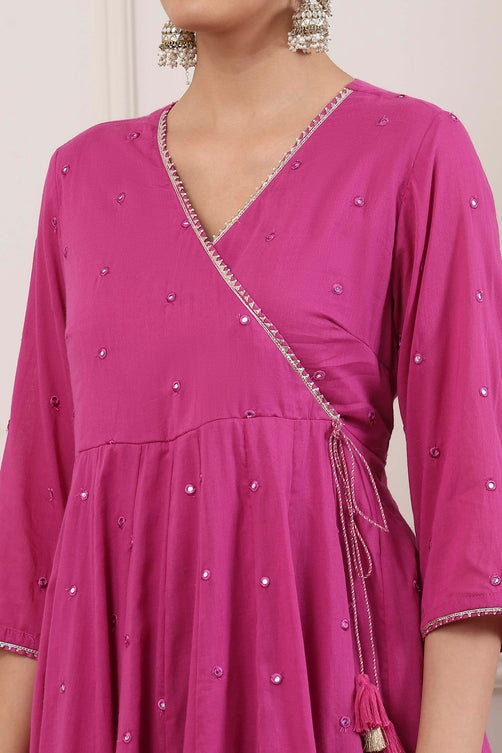 Wine Cotton Mirror Work Kalidar Suit Set