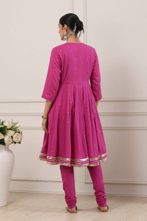Wine Cotton Mirror Work Kalidar Suit Set