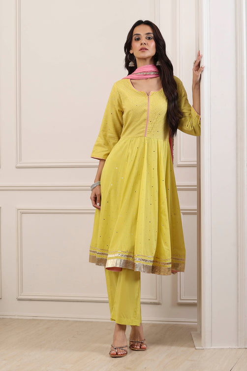 Yellow Cotton Thread Work Anarkali Suit Set