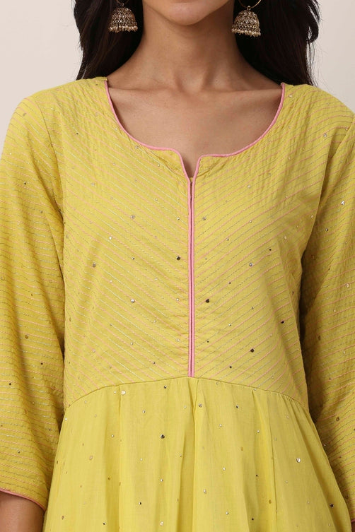 Yellow Cotton Thread Work Anarkali Suit Set