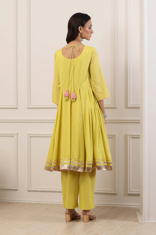 Yellow Cotton Thread Work Anarkali Suit Set