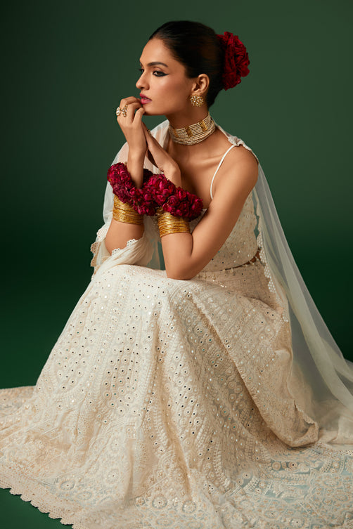 Ivory Georgette Embroidered Lehenga Set