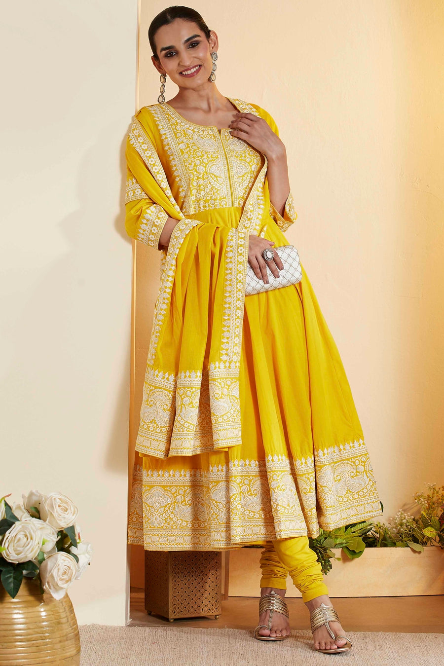 Yellow Cotton Embroidered Anarkali Kurta Set