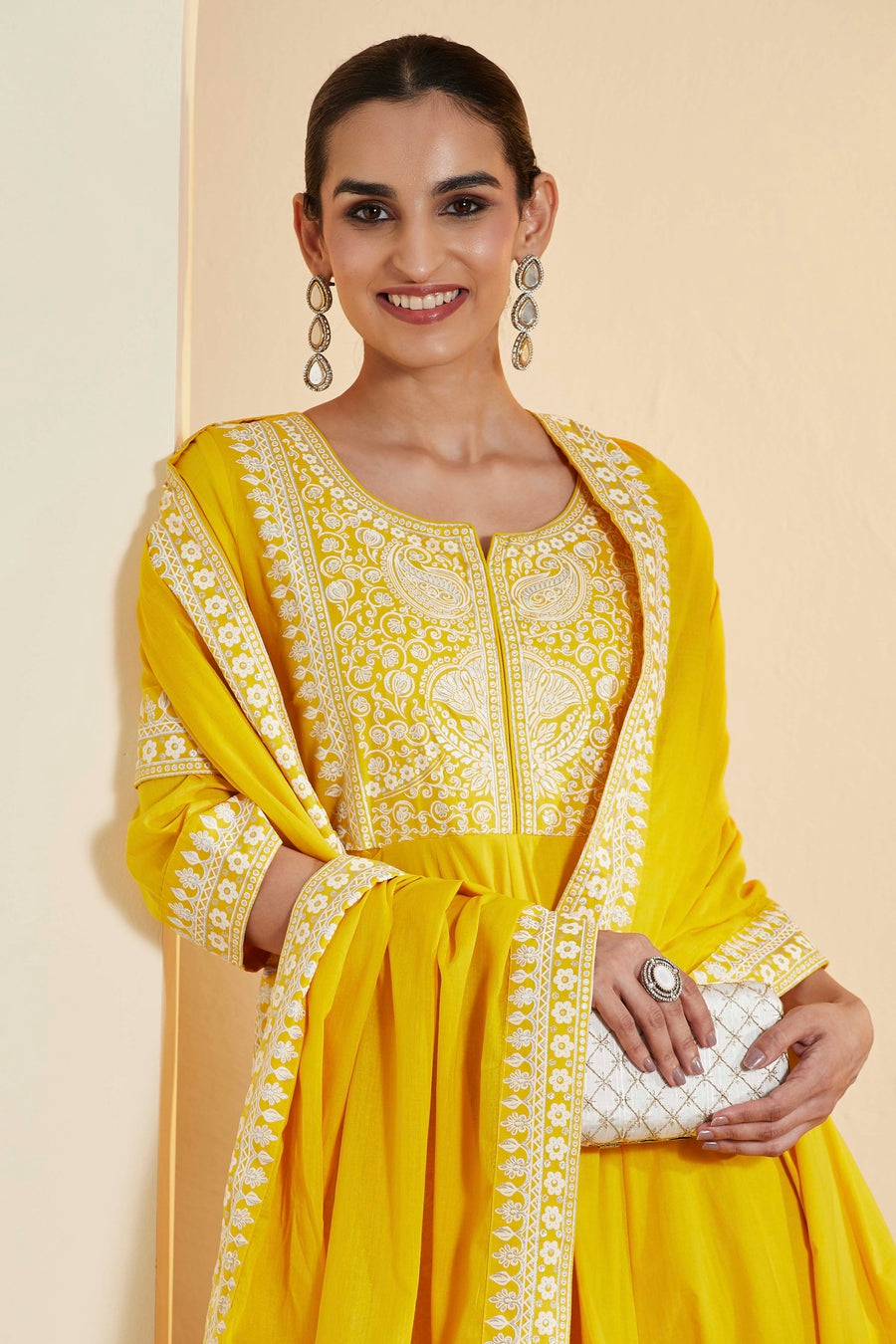 Yellow Cotton Embroidered Anarkali Kurta Set