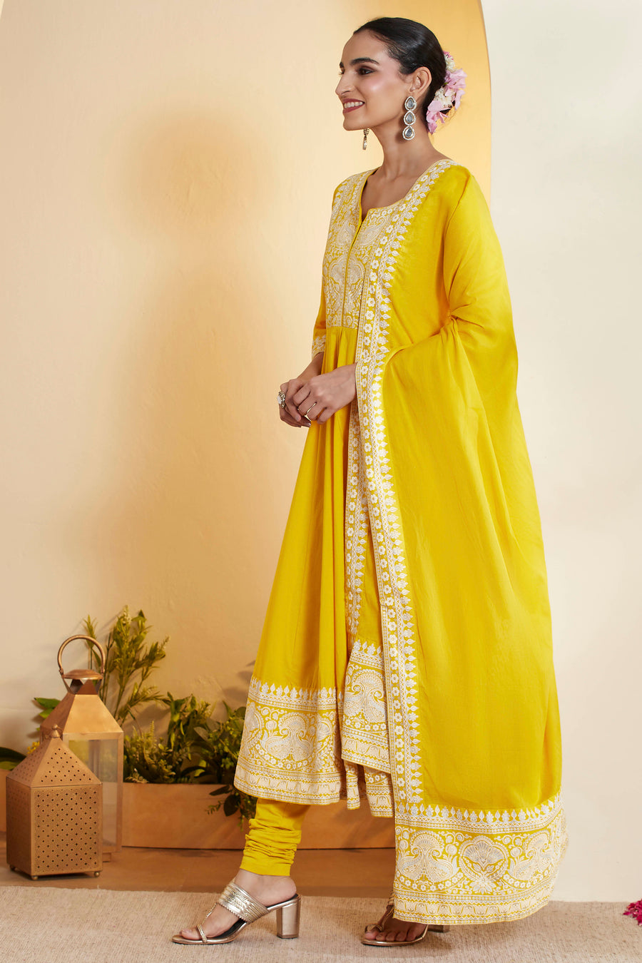 Yellow Cotton Embroidered Anarkali Kurta Set