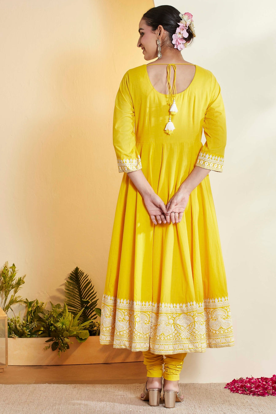 Yellow Cotton Embroidered Anarkali Kurta Set