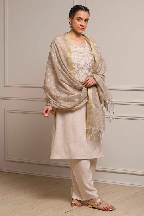 Beige Cotton Linen Yarn-Dyed Embroidered Straight Suit Set