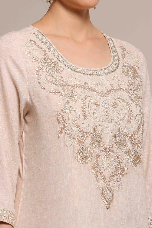 Beige Cotton Linen Yarn-Dyed Embroidered Straight Suit Set