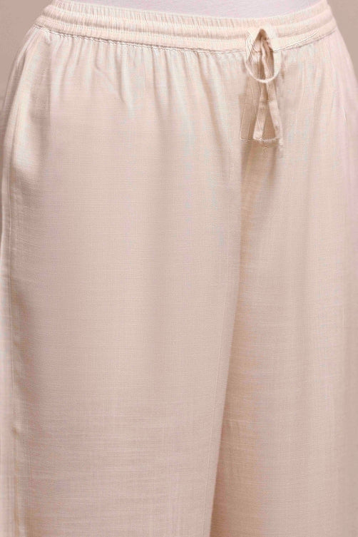 Beige Cotton Linen Yarn-Dyed Embroidered Straight Suit Set