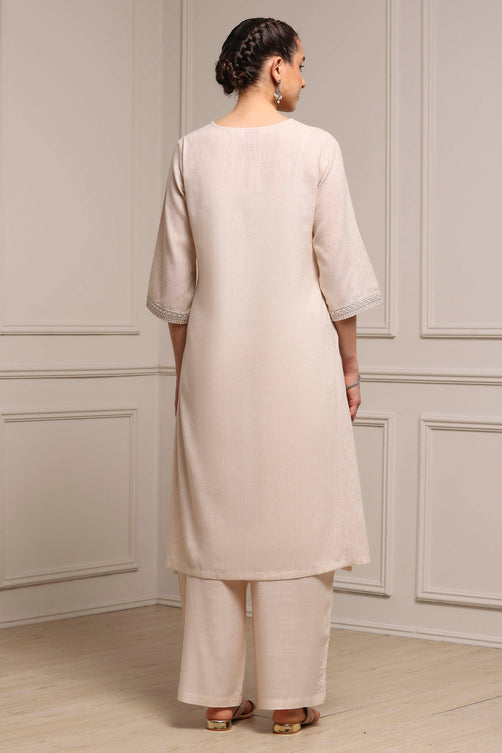 Beige Cotton Linen Yarn-Dyed Embroidered Straight Suit Set