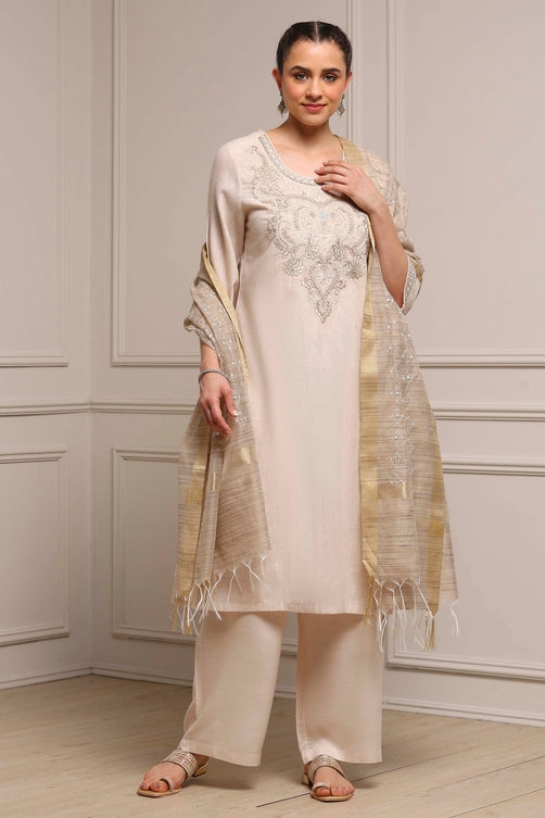 Beige Cotton Linen Yarn-Dyed Embroidered Straight Suit Set