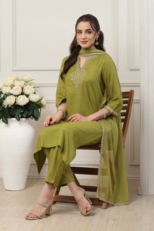 Green Viscose Yoke Embroidered Straight Suit Set