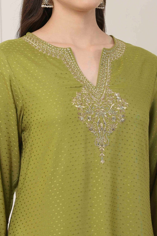 Green Viscose Yoke Embroidered Straight Suit Set