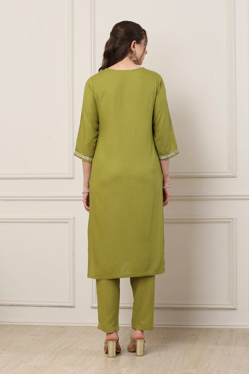 Green Viscose Yoke Embroidered Straight Suit Set
