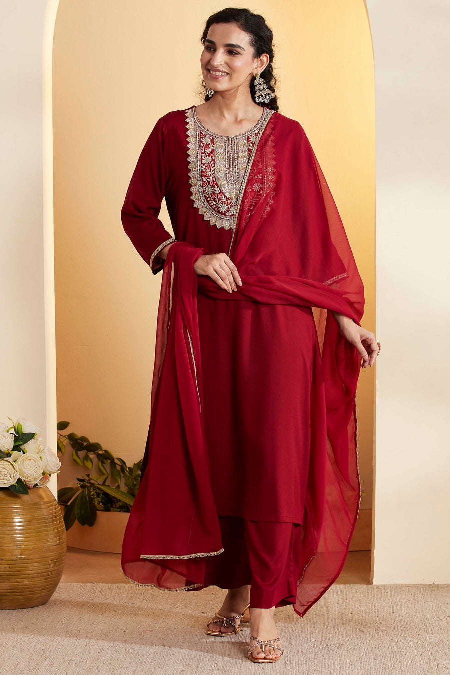 Maroon Viscose Rayon Embroidered Straight Kurta Set