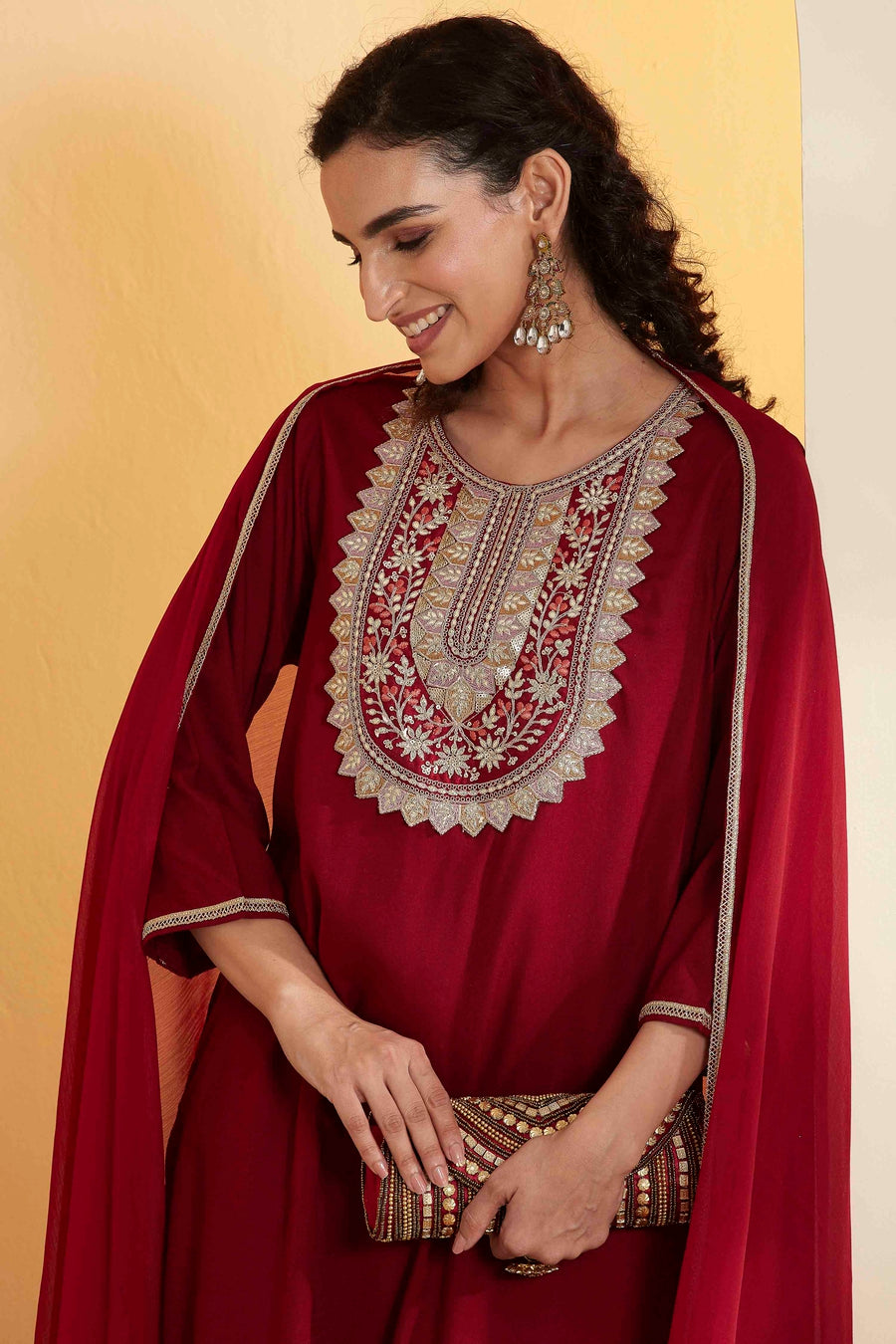 Maroon Viscose Rayon Embroidered Straight Kurta Set