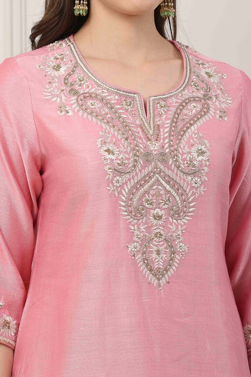 Pink Silk Embroidered Straight Suit Set