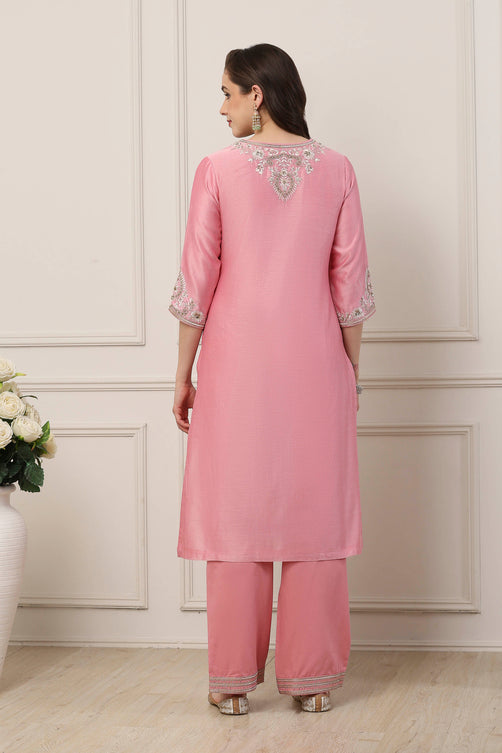Pink Silk Embroidered Straight Suit Set