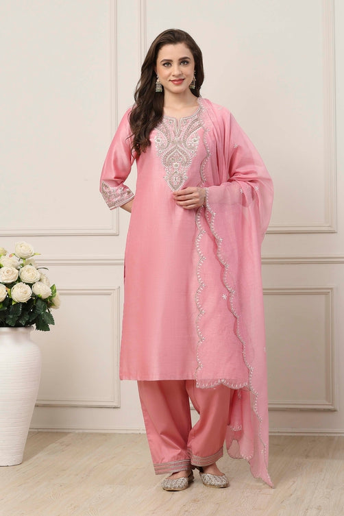 Pink Silk Embroidered Straight Suit Set