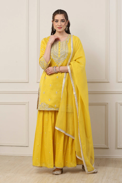 Yellow Silk Chanderi Sequin Straight Suit Set