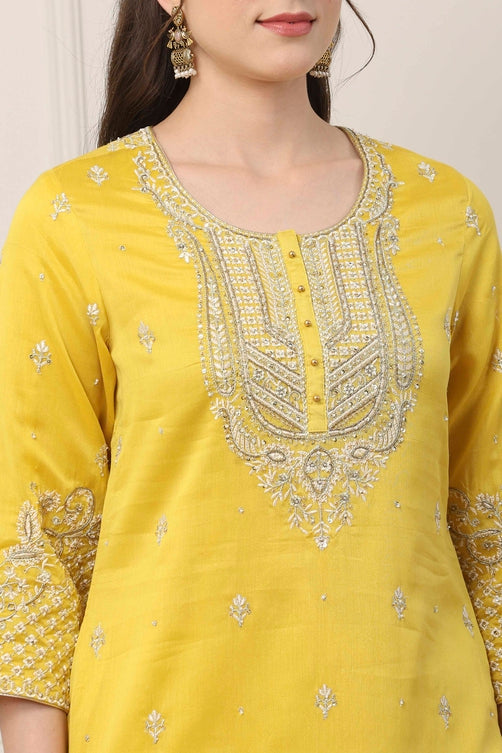 Yellow Silk Chanderi Sequin Straight Suit Set