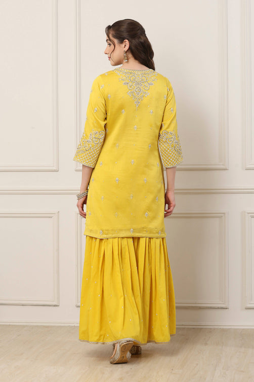 Yellow Silk Chanderi Sequin Straight Suit Set