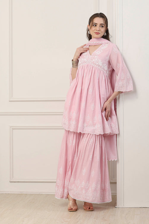 Pink Cotton Floral Embroidered Gathered Suit Set