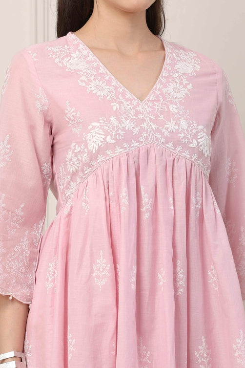 Pink Cotton Floral Embroidered Gathered Suit Set
