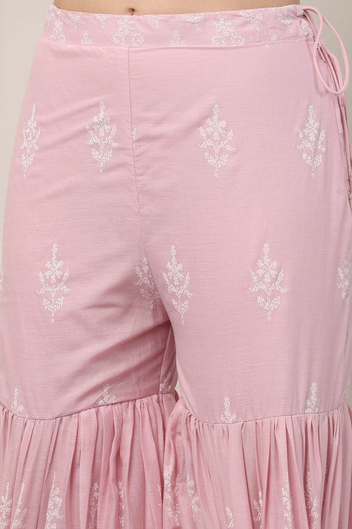 Pink Cotton Floral Embroidered Gathered Suit Set
