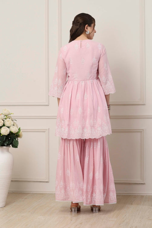 Pink Cotton Floral Embroidered Gathered Suit Set