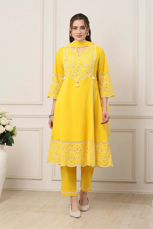 Yellow Cotton Schiffli Embroidered Kalidar Suit Set