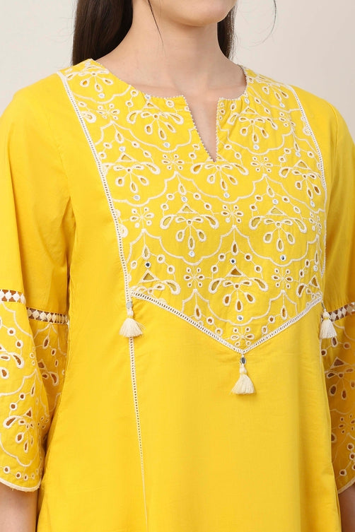 Yellow Cotton Schiffli Embroidered Kalidar Suit Set