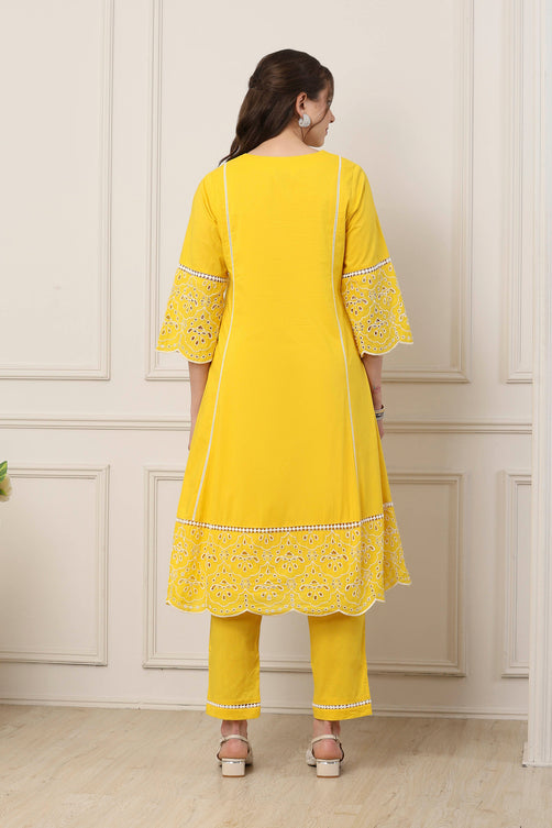 Yellow Cotton Schiffli Embroidered Kalidar Suit Set