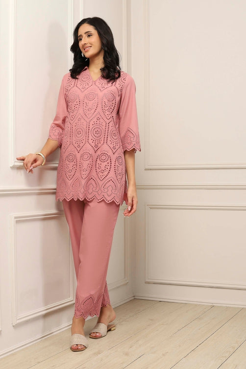 Dusky Pink Cotton Schiffli Straight Suit Set