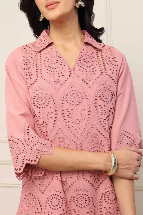 Dusky Pink Cotton Schiffli Straight Suit Set